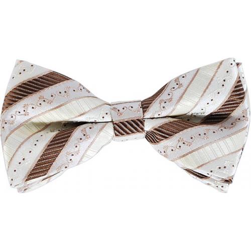 Classico Italiano Champagne / Cream / Brown Diagonal Striped 100% Silk Bow Tie / Hanky Set